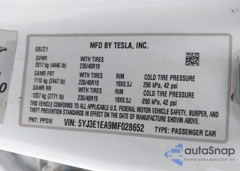 2021 Tesla Model 3 Standard Range Plus Rear-Wheel Drive from USA, damaged, VIN 5YJ3E1EA9MF028652